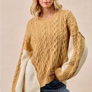 BiBi Cable Knit With Hacci Combo Sweater With Uneven Hem Detail